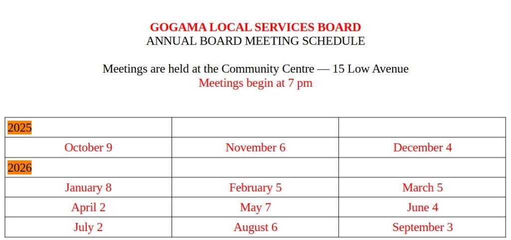 Gogama LSB meeting schedule